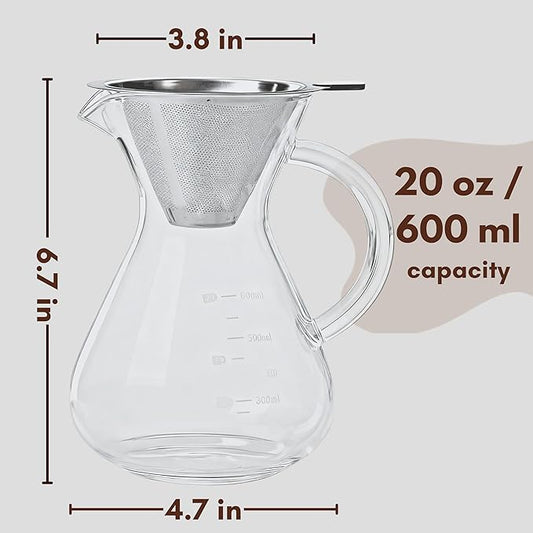 Pour Over Coffee Maker - 20 Oz (600ml) Borosilicate Glass Carafe - Reusable Stainless Steel Filter Paperless Dripper - For Home & Office & Resteraunt & Camping