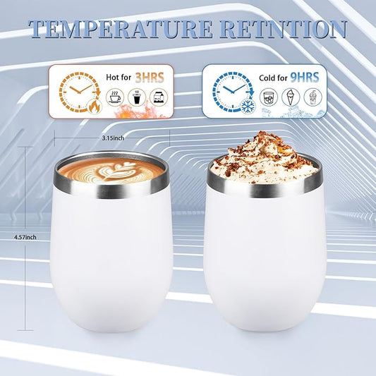 12oz Wine Tumbler with lid, Stainless Steel Travel Mugs Stemless Double Wall Insulated Coffee Cup, Insulated Wine Glasses Travel Tumbler for Cold & Hot Drinks(White, 1)