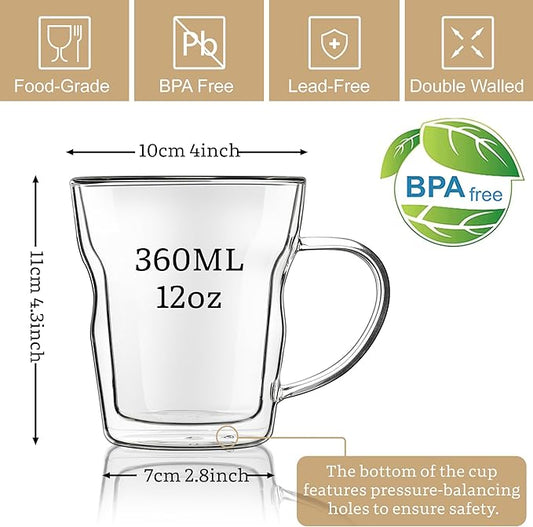 Joeyan 12oz Double Wall Insulated Coffee Mugs - Set of 2, Clear Glass Coffee Mug Espresso Cup with Handle, Perfect for Home Office, Latte, Cappuccino, Beer, Iced Tea Coffee, Hot Chocolate& Gift
