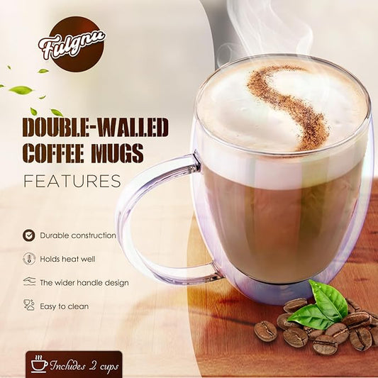 Double Wall Glass Coffee Mugs Set of 2, 12 Oz Coffee Mugs with Handle Clear Iridescent Glass Cups, Perfect for Espresso, Cappuccino, Latte, Americano, Tea Bag, Beverage