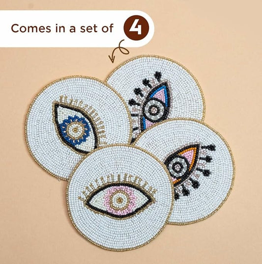 Folkulture Hand-Crafted Evil Eye 2.0 Beaded Coasters Set of 4 | Handmade Boho Drink Coasters for Coffee Table & Bar | Decorative Round Bead Coasters for Cocktails & Wine | New Year & Valentine Gift
