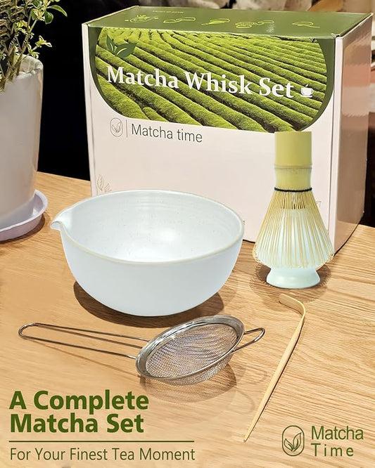 Matcha Whisk Set with Matcha Bowl, Matcha Whisk Holder Matcha Bamboo Whisk, Scoop, Sifter, Unique Gifts for Women Men Girl Friend Home Kitchen Decor(white)
