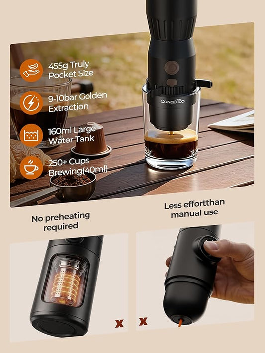 Portable Handheld Electric Espresso Machine, Ultra Light Compact Coffee Maker for Hot Water, 160ML Large Water Tank, 2300mAh Battery, Unique Bracket Fast Brewing for NS Capsules, Travel/Camping/Office