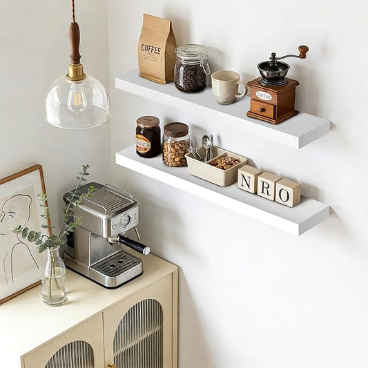 Floating Wall Shelf 36x6.8x1.7 Inch – Solid Wood Shelf in White Finish – Heavy Duty Wall Mounted Rustic Display Shelf for Living Room, Kitchen, Bedroom, Hallway – Set of 2