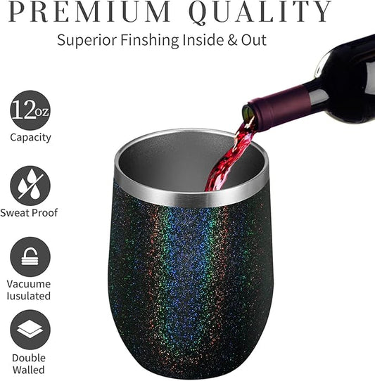 MEWAY 12oz/16 Pack Wine Tumbler Glasses with Lid - Stemless Double Wall Vacuum Stainless Steel Glitter Tumbler - Keeping Cold & Hot Cup for Coffee,Gift for Women(Rainbow Black,Set of 16)