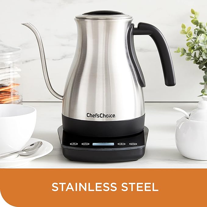 Chef'sChoice Electric Kettle Gooseneck Style Perfect for Pour-Overs Stainless Steel Construction 1200 Watts with Auto-Shutoff & Boil-Dry Protection, 1-Quart, Silver