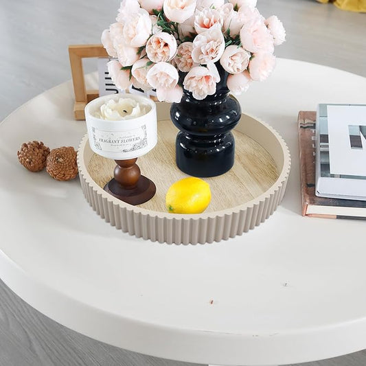 Round Decorative Tray for Coffee Table Decor, 11.8in Wood Decorative Serving Tray for Kitchen Counter,bandejas decorativas, Wooden Serving Tray for Party