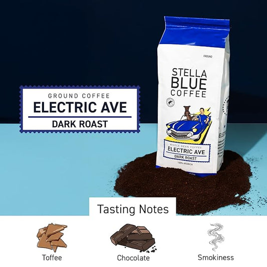 Stella Blue Ground Coffee, Electric Avenue Blend, Dark Roast, Fresh Coffee Ground 100% Arabica, Smooth Balanced Roast with Distinct Flavor Notes, Ethically Sourced Coffee Beans, 12 oz Bag
