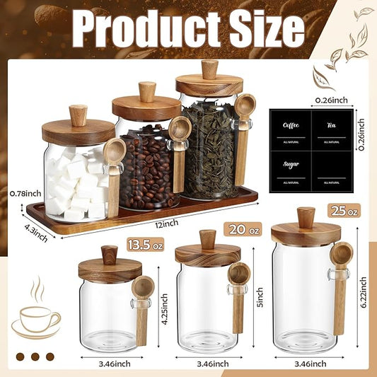 Suclain 3 Pcs Glass Coffee Container with Wooden Lid Spoon Shelf Labels Clear Airtight Jar Food Storage Canister Set for Sugar Spice Coffee Bean Holder Housewarming Gift(13.5,20,25 oz,Acacia Brown)