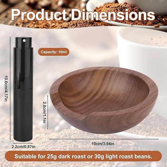 Coffee Bean Dosing Cup and Spray Bottle Set, Walnut Wood Round Bean Measuring Tray Espresso Spritzer Tools Accessories with Static Reduction Spray for Coffee Enthusiast
