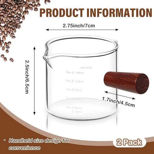 Zubebe 2 Pack 150 Ml/ 5 oz Double Spouts Espresso Shot Glasses with Wood Handle Measuring Triple Pitcher Milk Cup Clear Espresso Measuring Cup Glass for Barista Coffee Measure