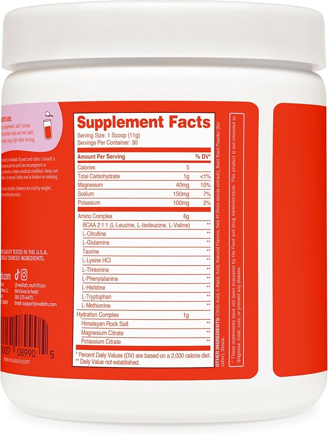 Wellah So Long Soreness BCAA Powder (Fruit Punch Flavored) 30 Servings - with Hydration Complex