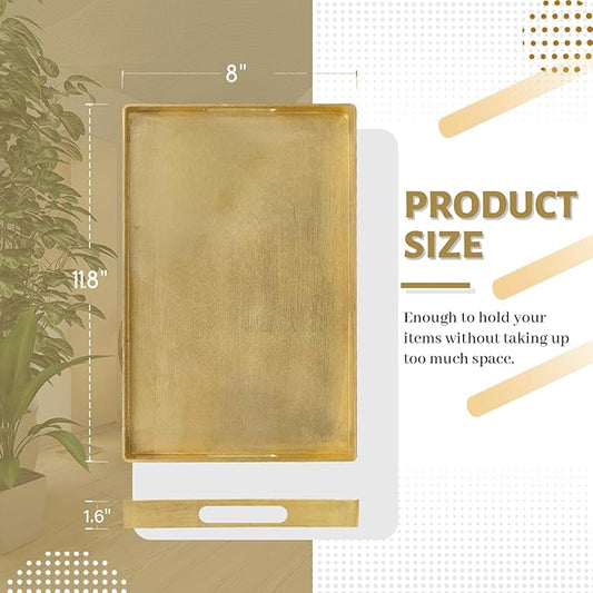 MAONAME Gold Decorative Tray with Handles, Foil Serving Tray for Ottoman, Rectangular Coffee Trays for Living Room, Bathroom, 11.8" L x 8" W x 1.6" H