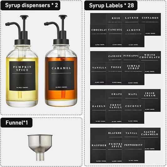 Coffee Syrup Dispenser for Coffee Bar, Coffee Syrup Pump Dispenser, Glass Syrup Bottle with Black Upgraded Pump, 2 Pack 16.9 oz 500 ml Syrup Dispensers, 28 Labels and Bamboo Tray
