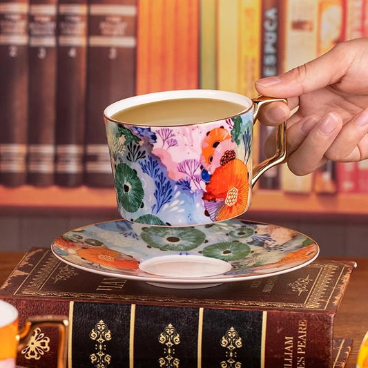 KAMMAK Tea Cups and Saucers Set of 2, Fine Bone China Coffee Cups, 8.5-Ounce Stackable Espresso Mugs, Ceramic Demitasse for Coffee, Cappuccino, Latte, Americano, Tea, Floating World