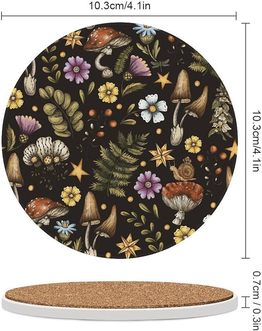 Botanical Drink Coasters, Round Ceramic Drink Coaster Round-6PCS, Cartoon Botanical Floral Rustic Plant Leaves Mushroom Decor Absorbent Ceramic Coasters for Beverage Cup, Bar, Coffee Table