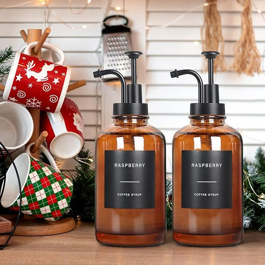 GYOSUGANG Coffee Syrup Dispenser, Set of 4 Amber Glass Syrup Bottle w. Pump and Labels, 16.9 oz 500ml Glass Syrup Bottle with Pump, Farmhouse Syrup Dispenser for Coffee Bar, Ideal Gift
