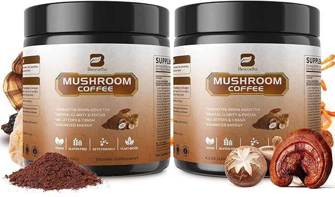 B BEWORTHS 2Pack Mushroom Coffee Powder with MCT Oil - 10 Mushroom Lion's Mane, Turkey Tail, Reishi, Cordyceps & Chaga - Instant Arabica Mushroom Coffee for Focus, Immune, Gut & Brain Health | Keto