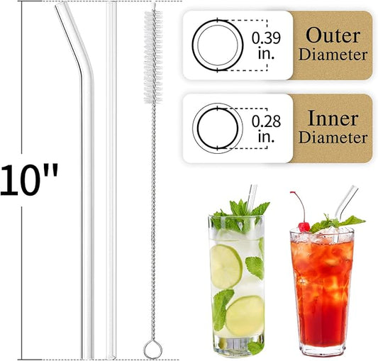 Piteno® 16-Pack Reusable Glass Straws, Clear Glass Drinking Straws, 10''x10MM, Set of 6 Straight and 6 Bent with 4 Cleaning Brushes, Perfect for Smoothies, Milkshakes, Juice, Tea