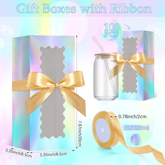 Windyun 100 Pcs Tumbler Gift Boxes for Sublimation Glass Exhibition Boxes Transparent for 12oz 16oz 20oz Shipping Cup Exhibition Packaging for Jars Mug Can Party Supplies(Rainbow)
