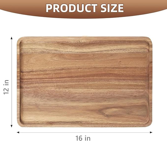 2 PCS 16 x 12 in Large Solid Acacia Wood Serving Trays Rectangular Wooden Serving Platters Natural Wooden Boards for Bar Coffee Party(Wood Log Color)