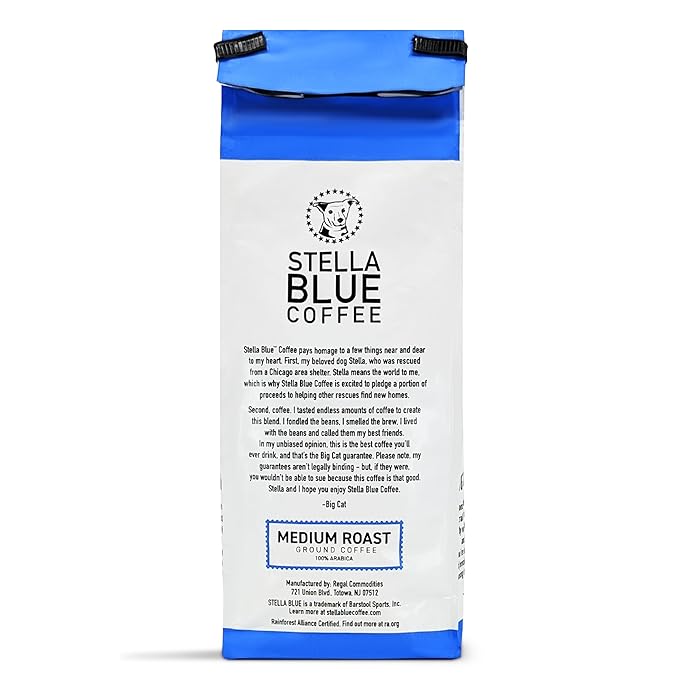 Stella Blue Ground Coffee, Big Cat Blend, Medium Roast, Fresh Coffee Ground 100% Arabica, Smooth Balanced Roast with Distinct Flavor Notes, Ethically Sourced Coffee Beans, 12 oz Bag