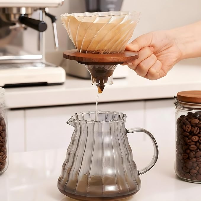 Glass Pour Over Coffee Dripper with Walnut Base, V60 Style Manual Drip Coffee Maker, 1–4 Cups Coffee Brewer for Home or Office
