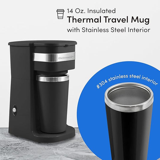 Elite Gourmet EHC111A Personal Single-Serve Compact Coffee Maker Brewer Includes 14Oz. Stainless Steel Interior Thermal Travel Mug,Compatible with Coffee Grounds,Reusable Filter,Black,(Pack of 6)