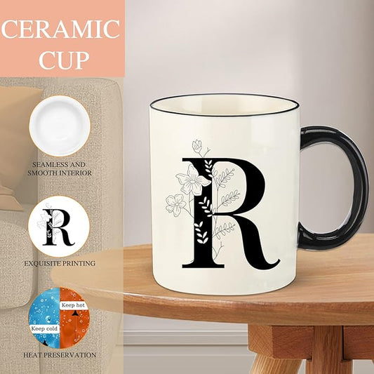 Monogram Ceramic Coffee Mugs, 11 oz Initial Drinking Cup with Gift Box, Unique Birthday Christmas Gifts for Women Wife Mothers Day Grandma Mom Aunt, R