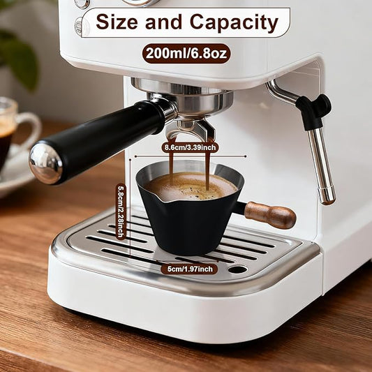Espresso Cup, 6.8 oz/200 ml Stainless Steel Coffee Shot Measuring Cup with Wood Handle, Double V-Shaped Mouth and Clear Scale for Cappuccino Barista Coffee Bar Accessories, Black