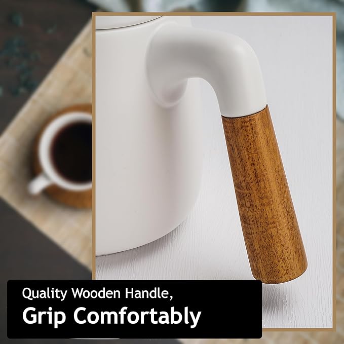 MIAMIO ā 34 Oz Ceramic Tea Pot Set with Infuser and Cups/Tea Strainer, 4 Ceramic Tea Mugs (10 Oz), Bamboo Saucers/Handle for Home and Office (White)