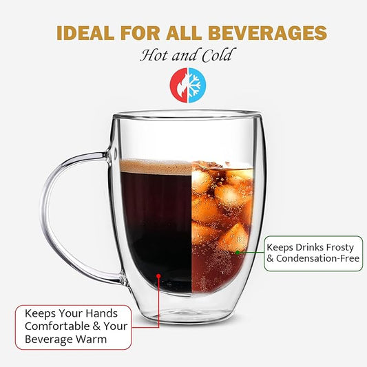 Double Wall Glass Coffee Mugs, 12 Oz Clear Coffee Mugs with Handle, Insulated Glass Coffee Mugs Set of 6, Perfect for Espresso, Cappuccino, Latte, Americano, Tea Bag, Beverage