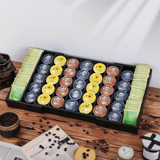 K Cup Holder Bamboo Coffee Pod Holder Drawer Organizer, Expandable K Cup Pod Storage Tea Bag Storage for Coffee Station Home Office and Kitchen (Black)