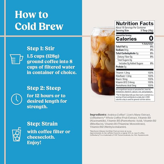 Bulletproof The High Achiever Coarse Ground Cold Brew Coffee, 10 Ounces, Medium-Dark Roast Enhanced Coffee with Lion's Mane Mushroom, B Vitamins, and Adaptogens for Energy and Focus (Pack of 2)