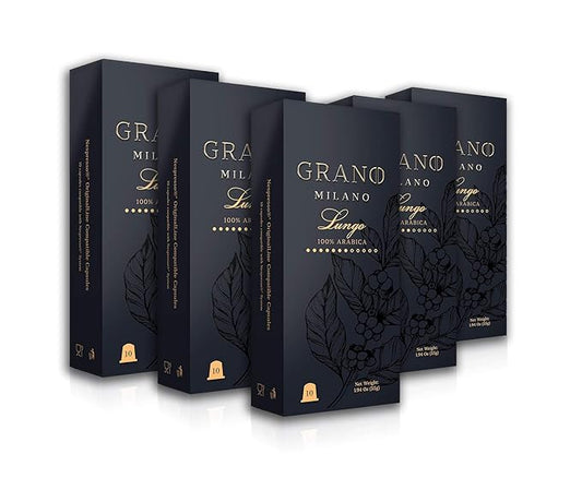 Grano Milano Lungo - 50 Espresso Pods Compatible with Nespresso Original line, 100% Arabica Medium Roast - Intensity 7/12, Coffee Capsules Made in Italy Espresso Coffee