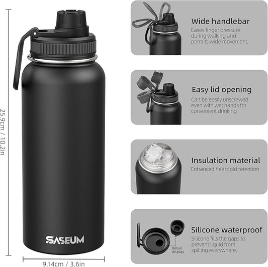SASEUM Insulated Stainless Steel Water Bottles 32oz with Spout Lids Metal Vacuum Thermal Large Water Jug Leak-proof Reusable Flask for Sports Gym and Travel,Black