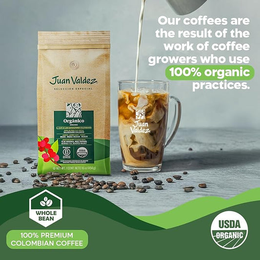 Juan Valdez Organic Whole Bean Coffee - Balanced Roast | 100% Colombian Arabica Beans | 100% Colombian Coffee - Balanced Profile with Moringa & Nutty Notes | Certified USDA Organic | 16 oz / 454 gr
