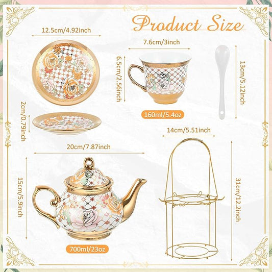 Zhehao 20 Pcs Porcelain Tea Set with Metal Holder and Spoon Adult Ceramic Tea Set European Flower Painting Teapot Cup Saucer Spoon for Women, Large Version(Delicate Style)