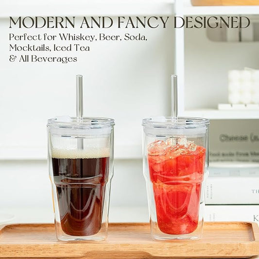 16oz Clear Double Wall Drinking Glass Cups with Lids and Straws, 2 Pc Set – Condensation Resistant Insulated Glass Can Tumblers for Cold Drinks,Iced Coffee,Tea,Juice and Mixed Drinks Cleaning Brush