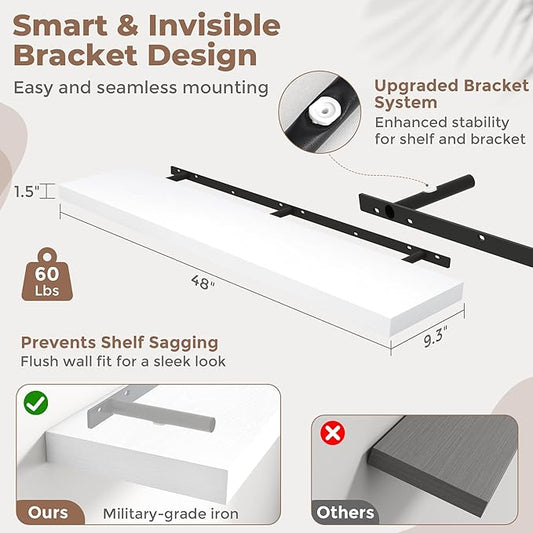 Floating Shelves for Wall with Invisible Brackets, Wall Mounted Engineered Wood Shelves with Wood Grain for Living Room, Bedroom, Bathroom, Kitchen Decor and Storage, Oak, 48"L Set of 2, White