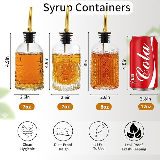 Syrup Dispenser Bottles Set of 3, Simple Syrup Bottle for Coffee Bar Accessories,7 oz Glass Coffee Syrup Containers for Maple Honey Syrup Oil, with Metal Pour Spouts, Stoppers,Condiments Dispenser