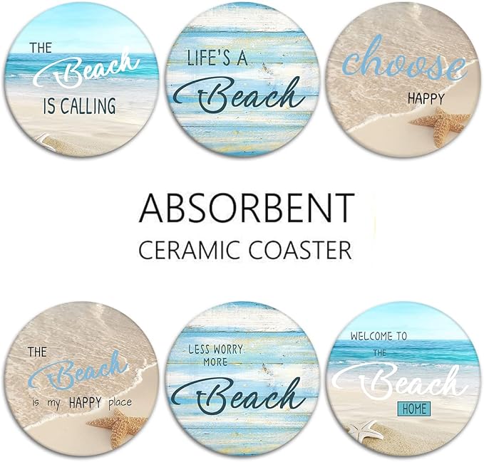 Britimes Coaster for Drinks Set of 6, Beach Shell Antique Teal Blue Table Absorbent Round Ceramic Stone Mat, with Cork Base and Metal Holder, Gift for Housewarming Room Bar Decor