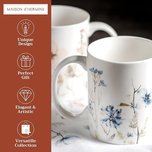 Maison d' Hermine Coffee Mug with Handles Fine Bone China Mugs Pack of Two Tea Cups for Hot Beverages Cappuccino Latte Home Restaurant Office Perfect for Gift (Ice Florals, 12 Ounce)