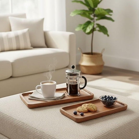 NAZANIN Set of 2 Natural Acacia Wood Serving Trays - Rectangular Wooden Trays for Coffee Table and Ottoman- Solid Wood Platters for Appetizers, Snacks, and Decor (11.4" & 7.5")