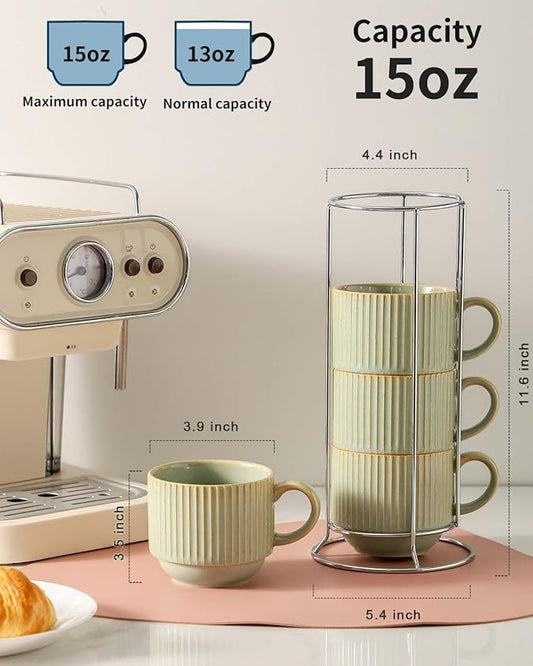 HASENSE Ceramic Coffee Mugs Set of 4 with Rack - 15 oz Stackable Large Porcelain Ribbed Latte Cup Set for Cappuccino, Tea, Hot Cocoa, Drinks - Dishwasher & Microwave Safe, Green Earth