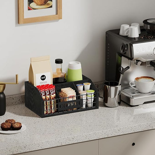 YINMIT Coffee Station Organizer for Countertop, Wood Coffee Bar Organizer with Removable Dividers for Pods, Syrup, Cups, Stirrer, Tea - Office Bar Accessories, Iron Wire-Black