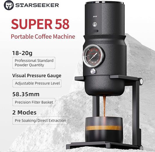 STARSEEKER Super58 Portable Espresso Machine, 18-20g Adjustable Pressure, USB-C Car Coffee Maker for Camping, RV, Hiking & Office, w/Folding Bracket & Carry Bag (black)
