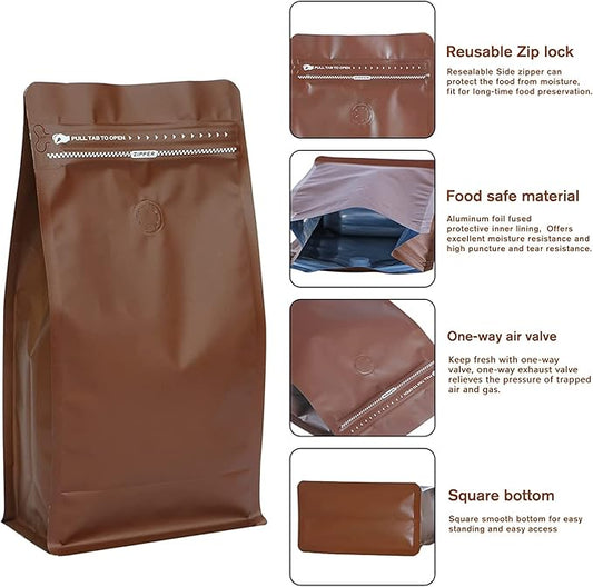 Coffee Bags with Valve(12 oz,3/4 lb,100pcs) Brown High Barrier Aluminumed Foil Flat Bottom Heat Sealed Coffee Beans Packaging Bags Side Zipper Resealable Bags for Home or Business