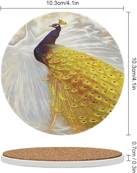 Round-4PCS Peacock Ceramic Coasters, Round Absorbent Drink Coasters, Vintage Style Beautiful Gold White Peacock Ceramic Table Coasters for Coffee, Beverage, Wine, Beer Coasters
