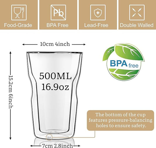 Joeyan Double Wall Insulated Glass Tumbler, 16.9oz Tall Dinking Glasses Set of 2, Lager Highball Glass Cups for Beer, Lemonade, Iced Tea, Tropical Drink, Cocktail, Smoothie, Mojito and Mixed Drinks